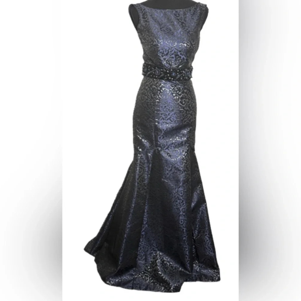 Theia Brocade Navy Blue and Silver Swirls Beaded Waistline Mermaid Style